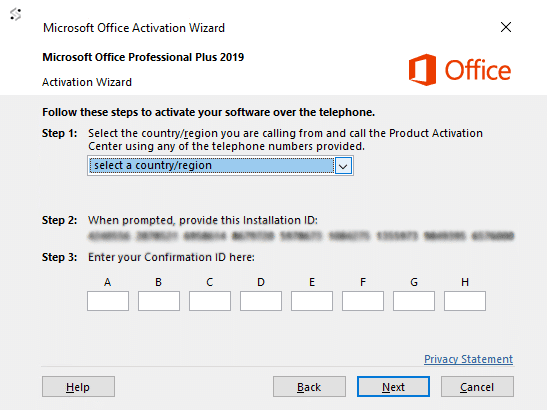 Office activatie land selecteren